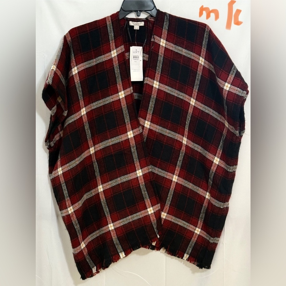 LOFT Plaid Cape in Red and Black. Reversible